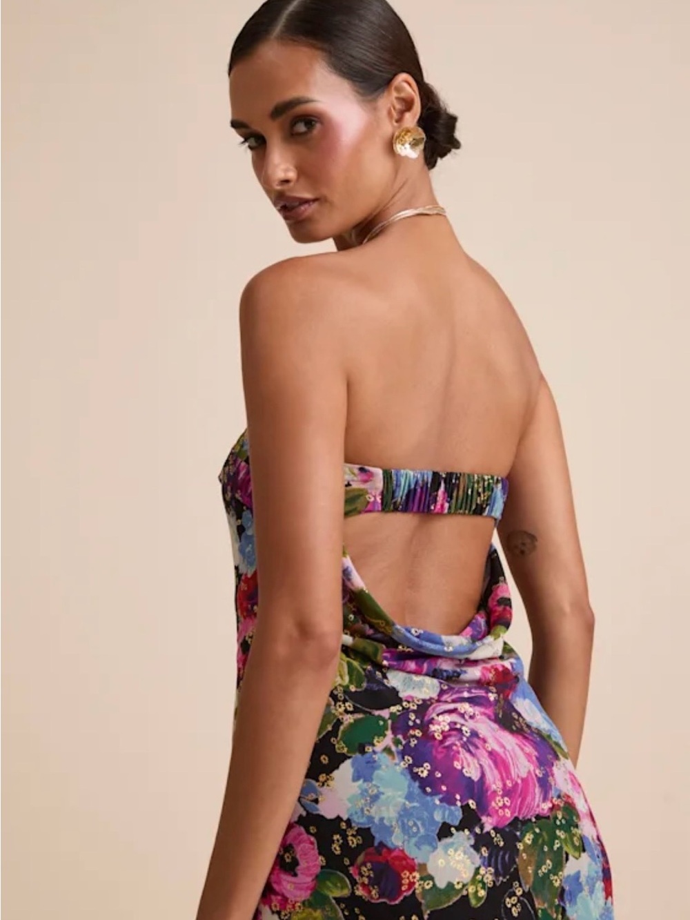 Lulu's Strapless Floral Midi Dress in Pink, Blue & Green - Picture 2 of 5